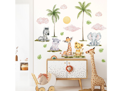 Samolepka na zeď - Safari zvířátka a palmy XXL