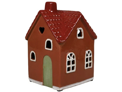 Hnědý keramický domeček na čajovou svíčku - 15x10x9 cm
