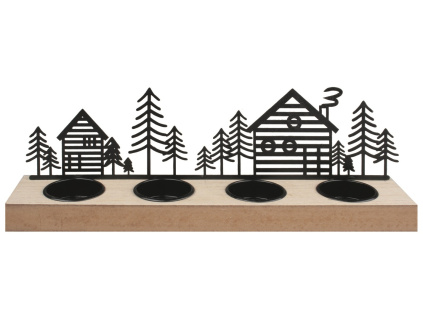 Svícen s černými kovovými domečky na čtyři svíčky 30 x 9 x 6 cm