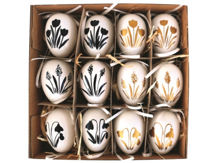 Vajíčka plastová s černým a zlatým dekorem na zavěšení 6 cm, 12 ks v krabičce