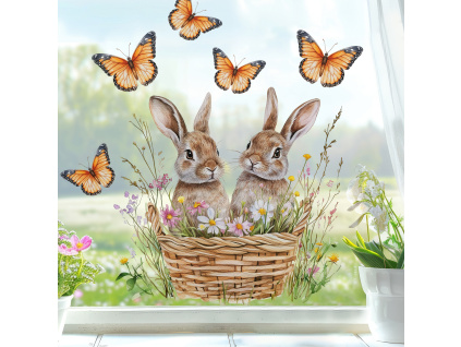 Samolepka na okno - Dva zajíčci v košíčku