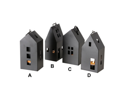 Kovová lucerna na čajovou svíčku, černý domeček - 4 druhy (Varianta Kovová lucerna na čajovou svíčku, černý domeček - 4 druhy D)