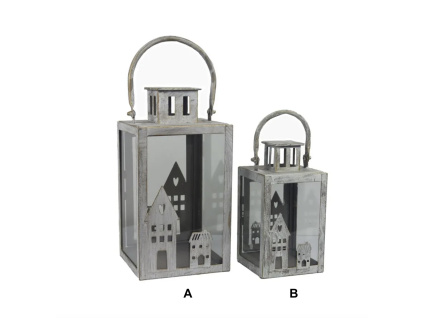Kovová lucerna s domečky - 2 velikosti (Varianta Kovová lucerna s domečky - 2 velikosti B)