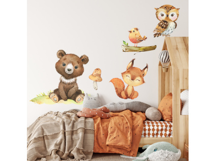 Samolepka na zeď - Medvěd, veverka, ptáček a sova XL