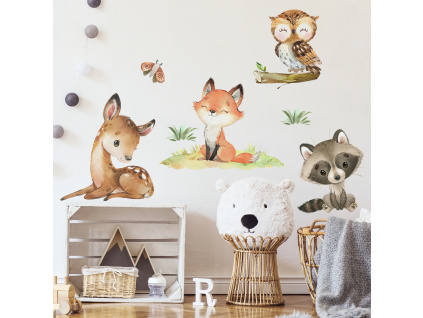 Samolepka na zeď - Srnka, liška, mýval a sova XL