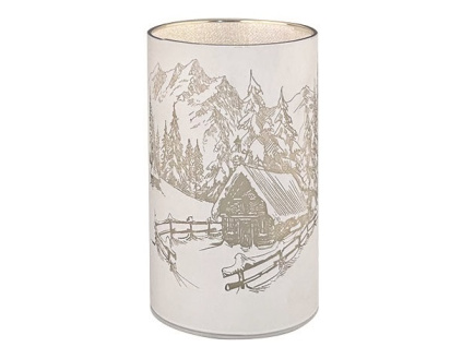 Svítící skleněný válec s horami – šedý, 12,8 x 7,5 cm, studená bílá, 10 LED, časovač