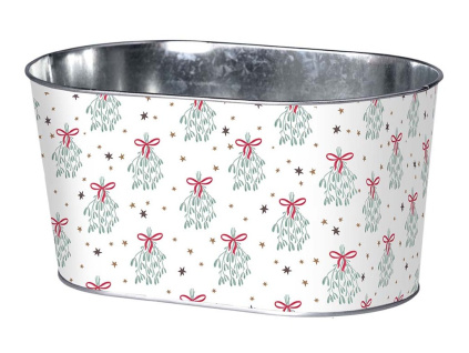 Květináč plechový 225x110mm oválný MISTLETOE MAGIC , bílá, modrá
