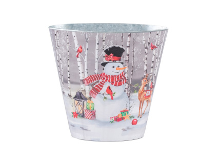 Plechový květináč 133×115 mm – sněhulák v lese s lesní zvěří