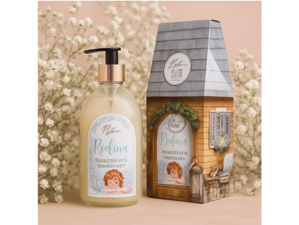 Rodinný sprchový gel 3v1 s vůní pivoňky v papírové krabičce ve tvaru domečku