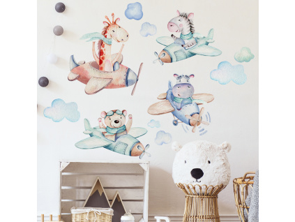 Samolepka na zeď - Letadla a zvířátka