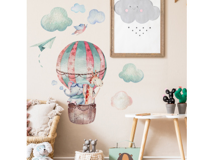 Samolepka na zeď - Balón, slon a žirafa
