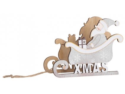 Dekorace MagicHome Vánoce Woodeco, Santa v saních, 19x15 cm