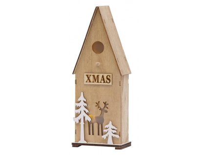 Dekorace MagicHome Vánoce Woodeco, Ptačí budka, 3 LED, 12x7x32 cm