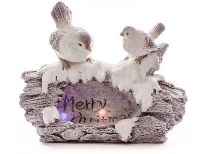 Dekorace MagicHome Vánoce, Ptáci na pařezu, 36 cm,1 LED, 3xAAA, keramika, 44x20x36 cm