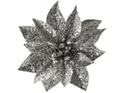 Květ MagicHome Vánoce GlitterPoinsettia, se kolíčkem, stříbrný, velikost květu 9 cm, délka květu 8 cm, 6 ks
