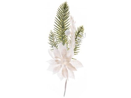 Větvička MagicHome Vánoce, s květem poinsettia, bílá, 23 cm