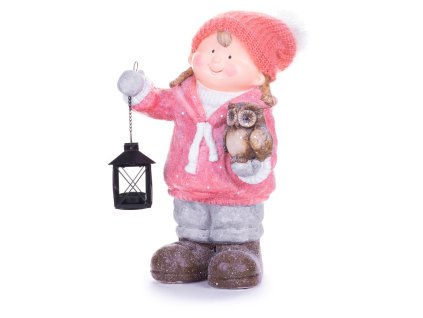 Postavička MagicHome Vánoce, Děvčátko s lucernou a sovičkou, keramika, 28x18,5x39,5 cm