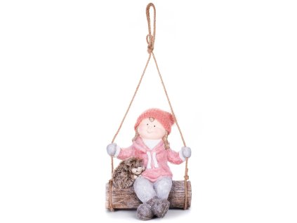 Postavička MagicHome Vánoce, Děvčátko na houpačce s ježkem, závěsný, keramika, 31,5x28x36 cm