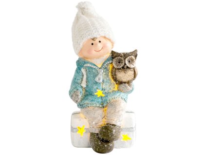 Postavička MagicHome Vánoce, Chlapeček sedící na taburetu se sovičkou, 1 LED, polyresin, 10,5x10,5x19,5 cm