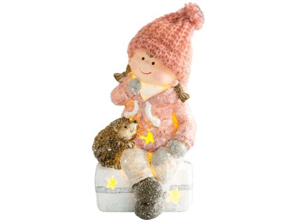 Postavička MagicHome Vánoce, Děvčátko sedící na taburetu s ježkem, 1 LED, polyresin, 10,5x10,5x19,5 cm