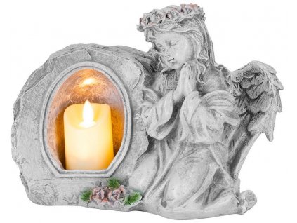 Dekorace MagicHome, Anděl modlící se svíčkou, LED, polyresin, na hrob, 28x13x21,5 cm