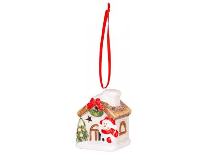 Dekorace MagicHome Vánoce, Domeček se sněhulákem, LED, terakota, závěsný, 5,8x5x7 cm