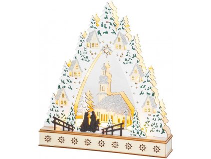 Dekorace MagicHome Vánoce, Vesnička s kostelem, LED, MDF, 30x7x33,5 cm