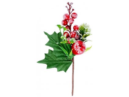 Větvička MagicHome Vánoce, s bobulkami a jablkem, červená, efekt mrazu, 22 cm