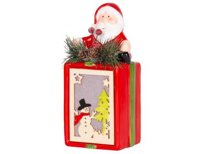 Dekorace MagicHome Vánoce, Dárek se santou, LED, terakota, závěsný, 9x8x17,7 cm