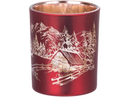 Svícen MagicHome Vánoce, červený, s krajinkou, 6x7 cm