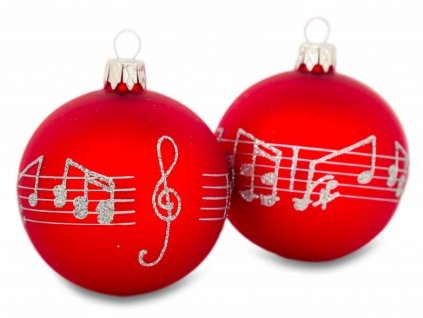 Vánoční skleněné ozdoby s partiturou, sada 2 ks, červené