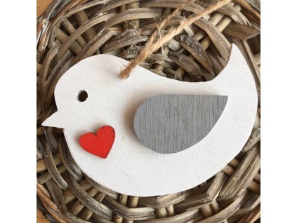 Dřevěný ptáček bílý 7 cm červené srdce