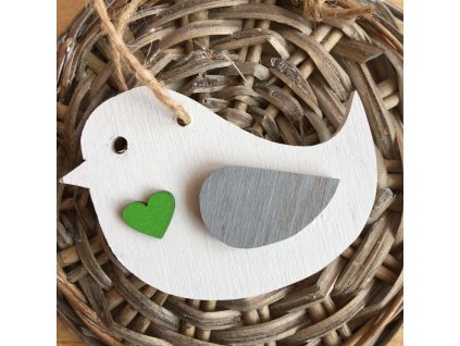 Dřevěný ptáček bílý 7 cm zelené srdce