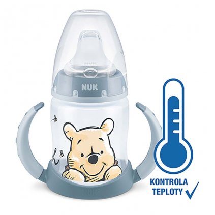 Dojčenská fľaša na učenie NUK Medvedík Pú s kontrolou teploty 150 ml modrá