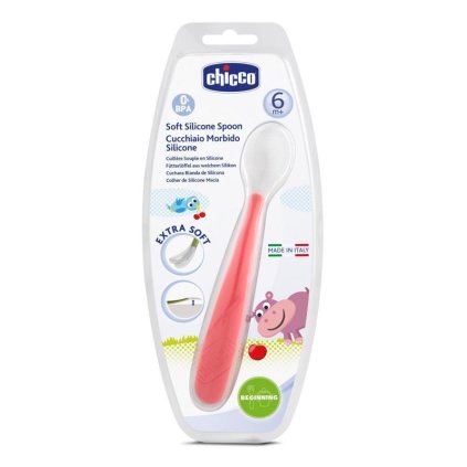 CHICCO Lyžička silikónová Soft červená 6m+