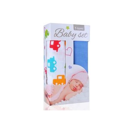 T-TOMI Baby set - osuška bambusová autá + osuška bambusová modrá