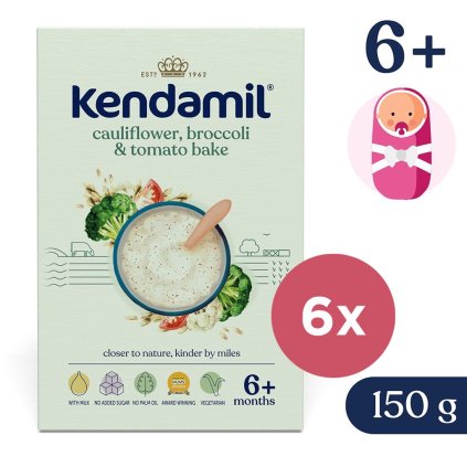 6x KENDAMIL Kaša mliečna s brokolicami, karfiolom a paradajkami (150 g), 6m+