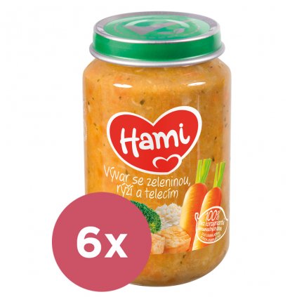 6x HAMI Príkrm mäsozeleninový Vývar so zeleninou, ryžou a teľacím 6x200 g, 8+