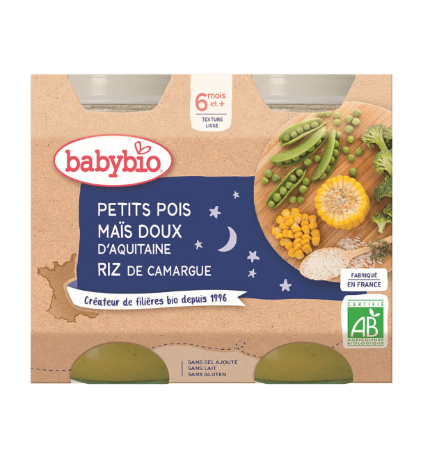 BABYBIO 2xBABYBIO Večerné menu hrášok, sladká kukurica, ryža 200 g