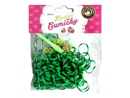 Loom Bands Pletací gumičky pruhované zelené 200ks + háček