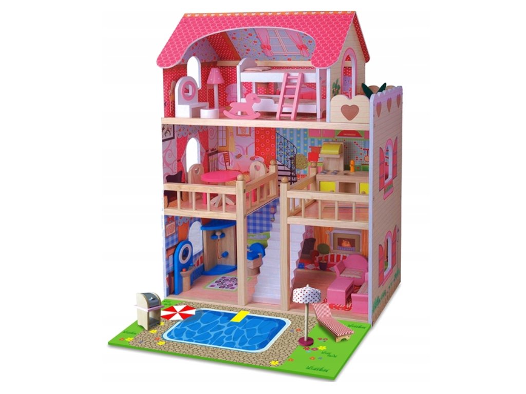 Doris dřevěný domeček pro panenku s LED páskem růžový 90 cm - hračkyDoris.cz