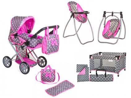 Tobiland set kočárek pro panenky 9346NB XXIII + sestava 8v1 šedo růžový