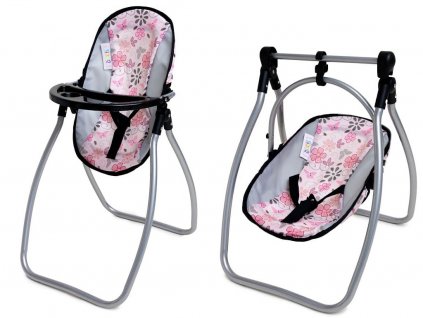 Jídelní židlička houpátko pro panenky 2v1 světle růžová s kytičkami