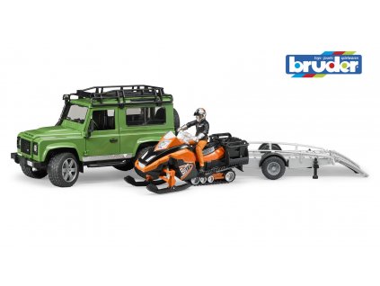 BRUDER 2594 Zelené AUTO LAND ROVER s přepravníkem sněžný skůtr a řidič