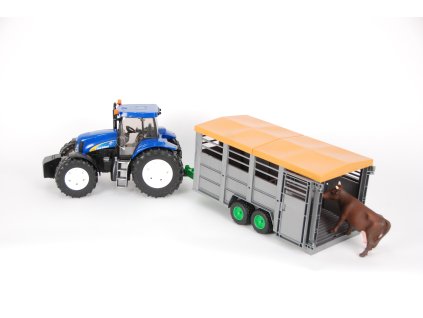BRUDER 1695 Traktor New Holland T8040 s přívěsem na dobytek + 1ks kráva