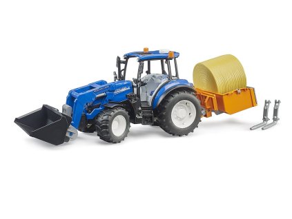 Bruder 2187 Traktor New Holland T5.120 s čelním nakladačem, korbou, vidlemi a kulatým balíkem