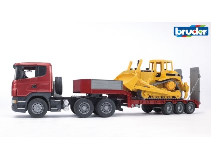 BRUDER 3555 Červený návěs s buldozerem SCANIA R