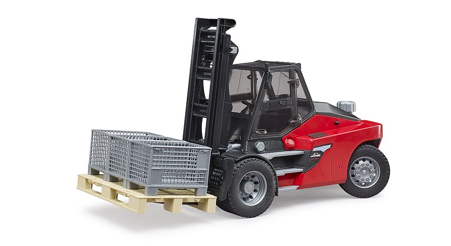 BRUDER Linde HT 160D - vysokozdvižný vozík s paletou a třemi boxy