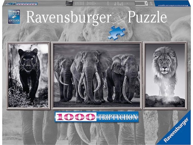 Ravensburger Panter, slon a lev - puzzle 1000 dílků Panorama Triptychon