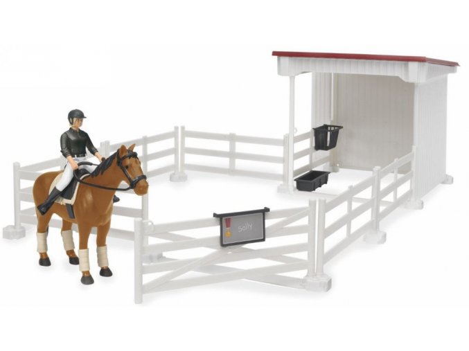 BRUDER 62521 Bworld Ohrada bílá + stáj + kůň + figurka ženy